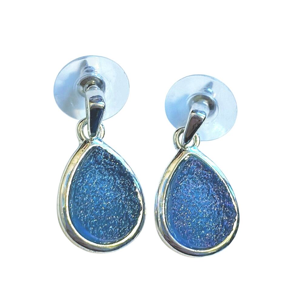 Purple Druzy Drop Earrings Silver Tone Teardrop Iridescent Sparkle